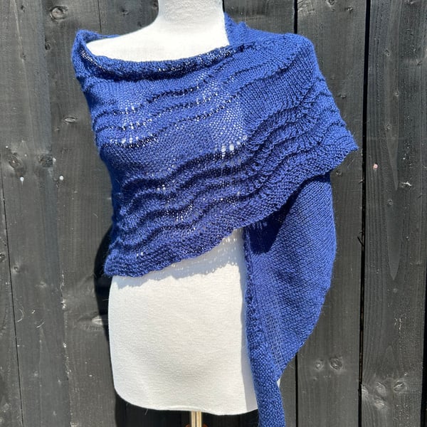 Feather Light Soft Navy Blue Merino Handknitted Lace Shawl Wrap Scarf