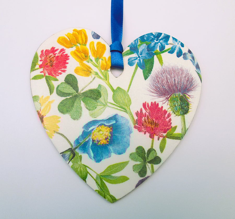 Summer flowers wood decoupage heart hanging decoration
