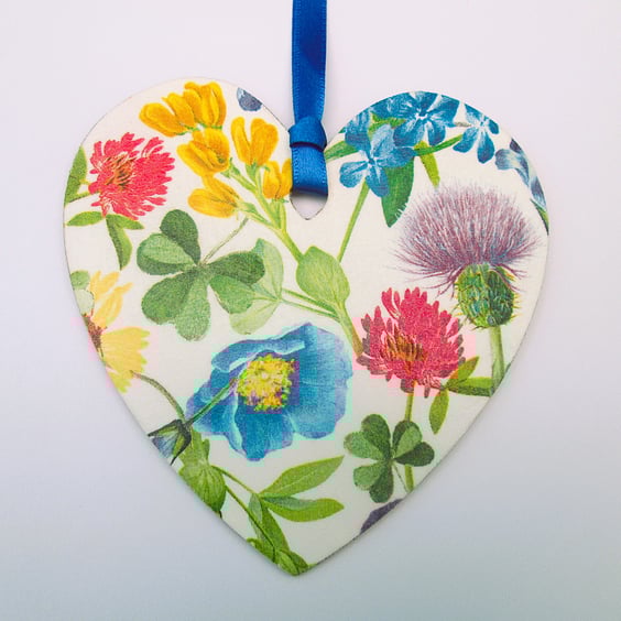 Summer flowers wood decoupage heart hanging decoration