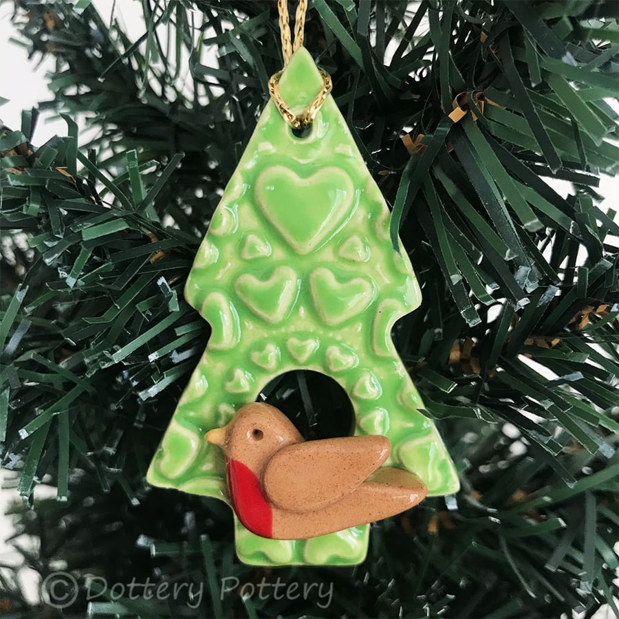 Ceramic Robin in a Christmas tree Pottery Christmas decoration