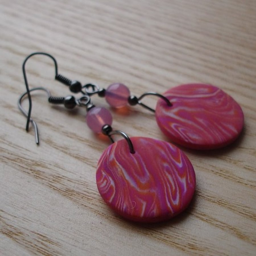 Orange Purple Marble Disc Earrings