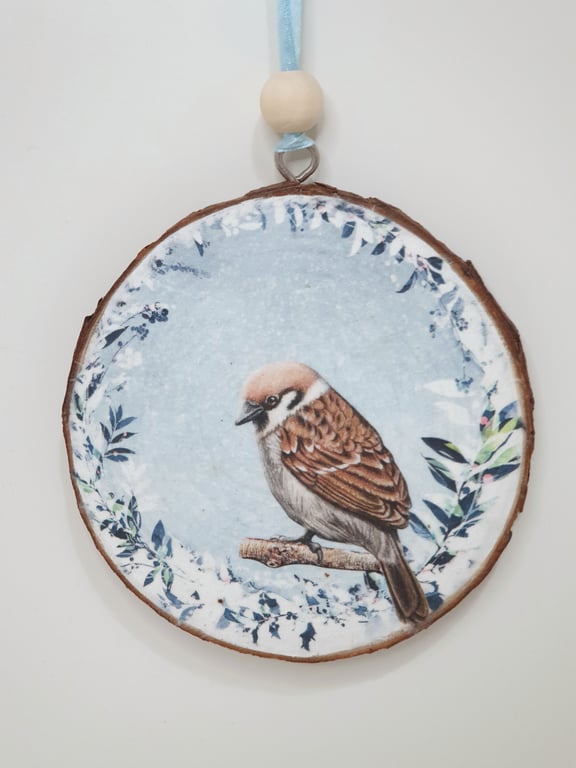 Sparrow log slice hanging decoration, gift for a bird lover 