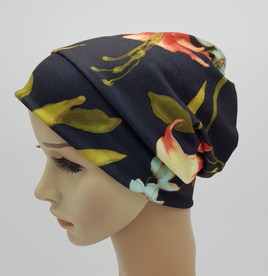 Floral beanie hat for women, lightweight viscose jersey beanie, chemo cap