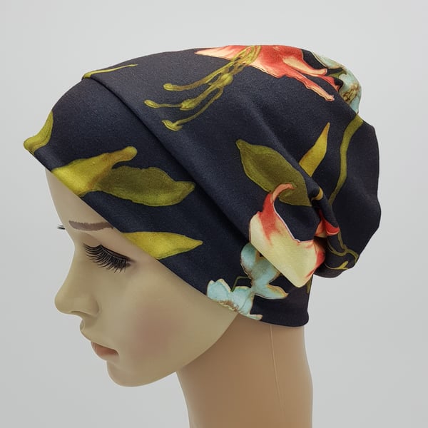 Floral beanie hat for women, lightweight viscose jersey beanie, chemo cap