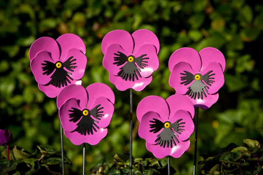 Pink Pansy Metal Flower stem, Memorial Gift, Garden Ornament, Indoor Decoration