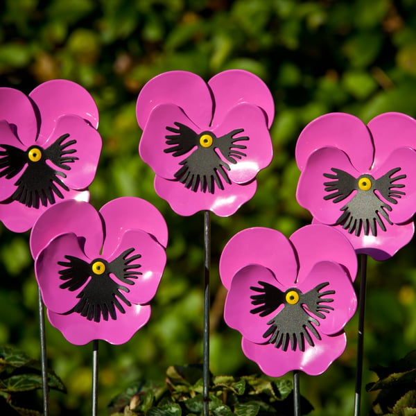 Pink Pansy Metal Flower stem, Memorial Gift, Garden Ornament, Indoor Decoration