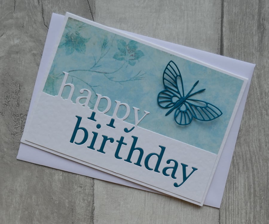 Turquoise Butterfly and Floral Paper - Happy Birthday - Birthday Card