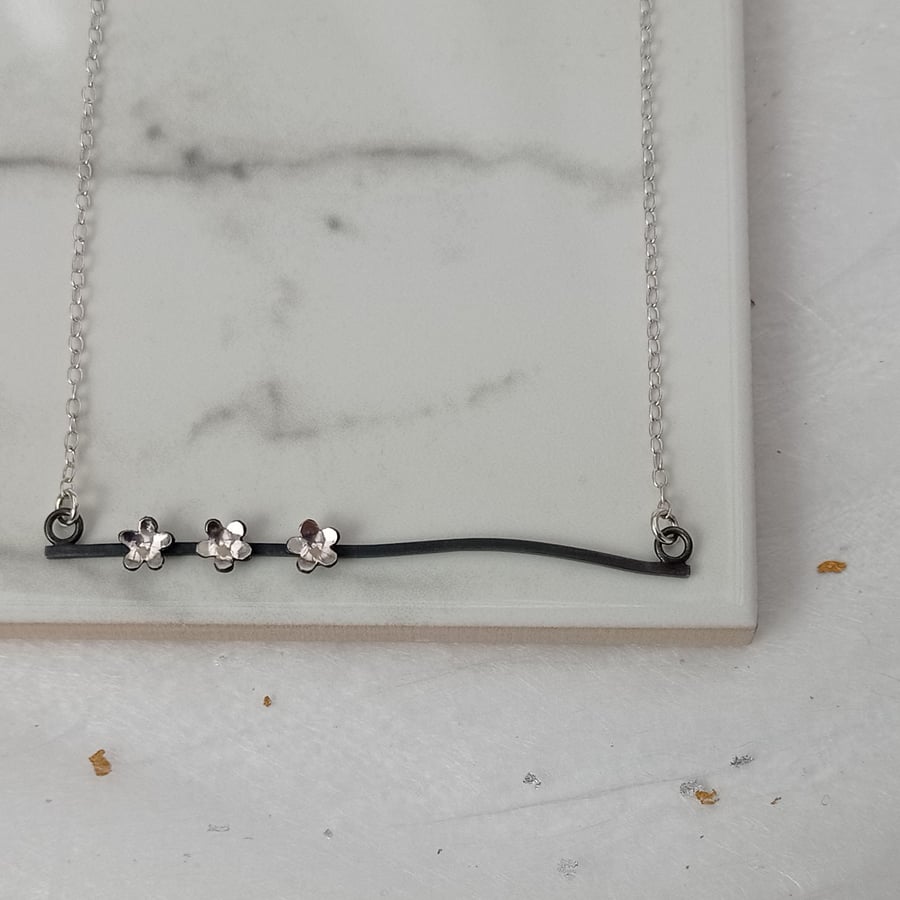 Oxidised sterling silver flower necklace - handmade wire necklace 
