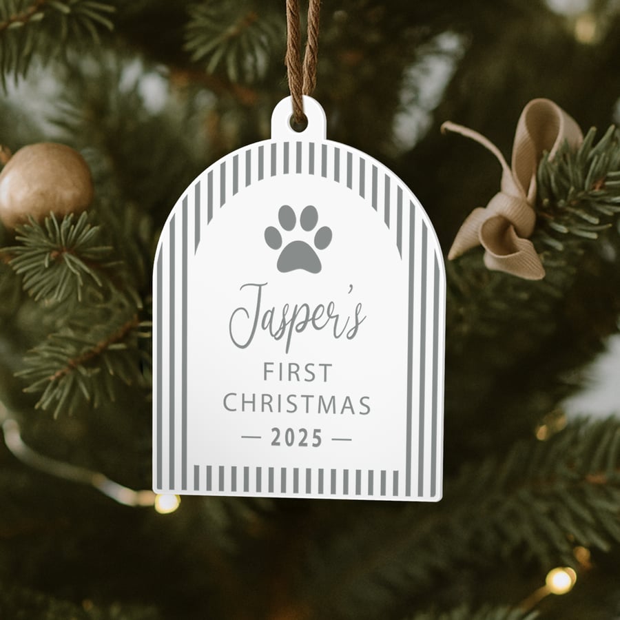 Personalised Pet First Christmas Bauble – Striped Arch & Paw: Custom Pet Gift