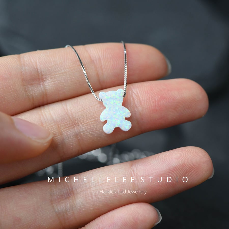 Teddy Bear Opal Necklace With 925 Sterling Silver Chain