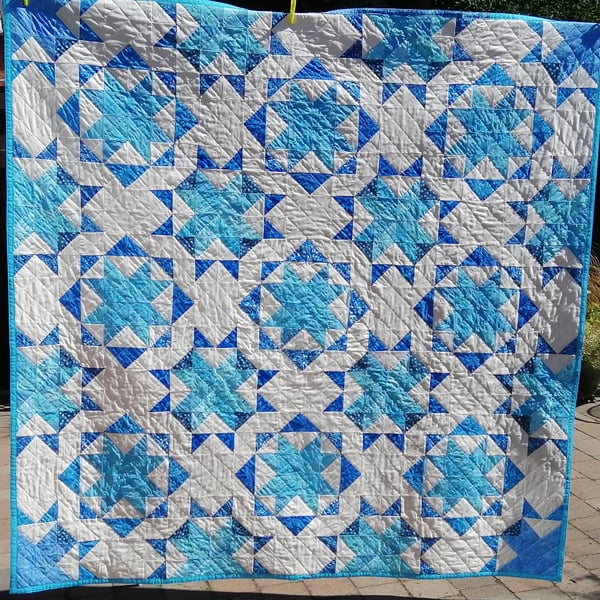Handmade Patchwork Quilt - Blue and White Batik Fabrics  155 cm square 61"