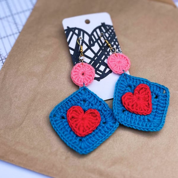 Crochet Earrings - Red Hearts