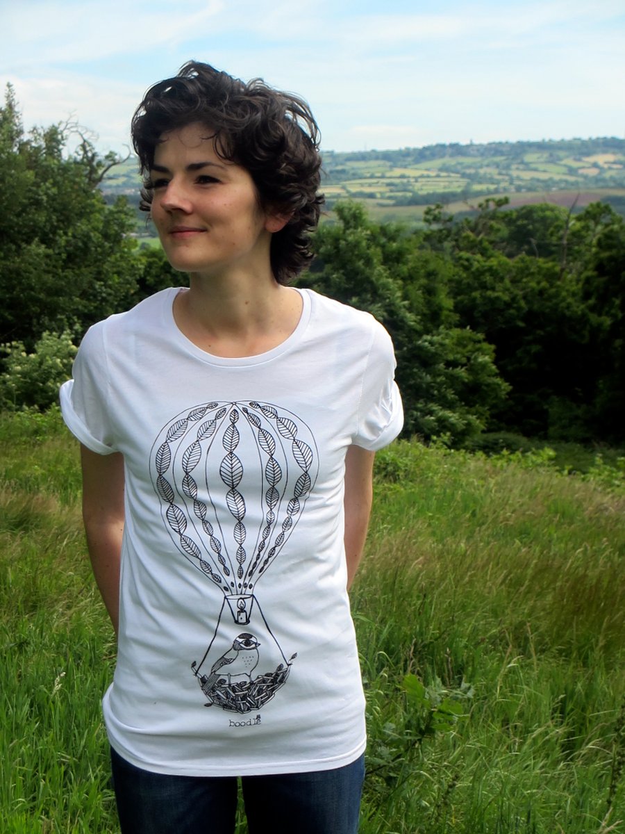 'Bird moving house' white women's organic T-shirt, hand screen printed. 
