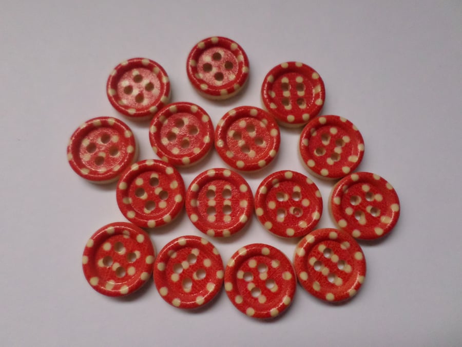 15 x 4-Hole Printed Wooden Buttons - Round - 15mm - Polka Dot - Red 