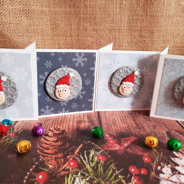 Pack of 4 Handmade Mini 2 in 1 Christmas Cards, with Polymer Clay Pig Magnet
