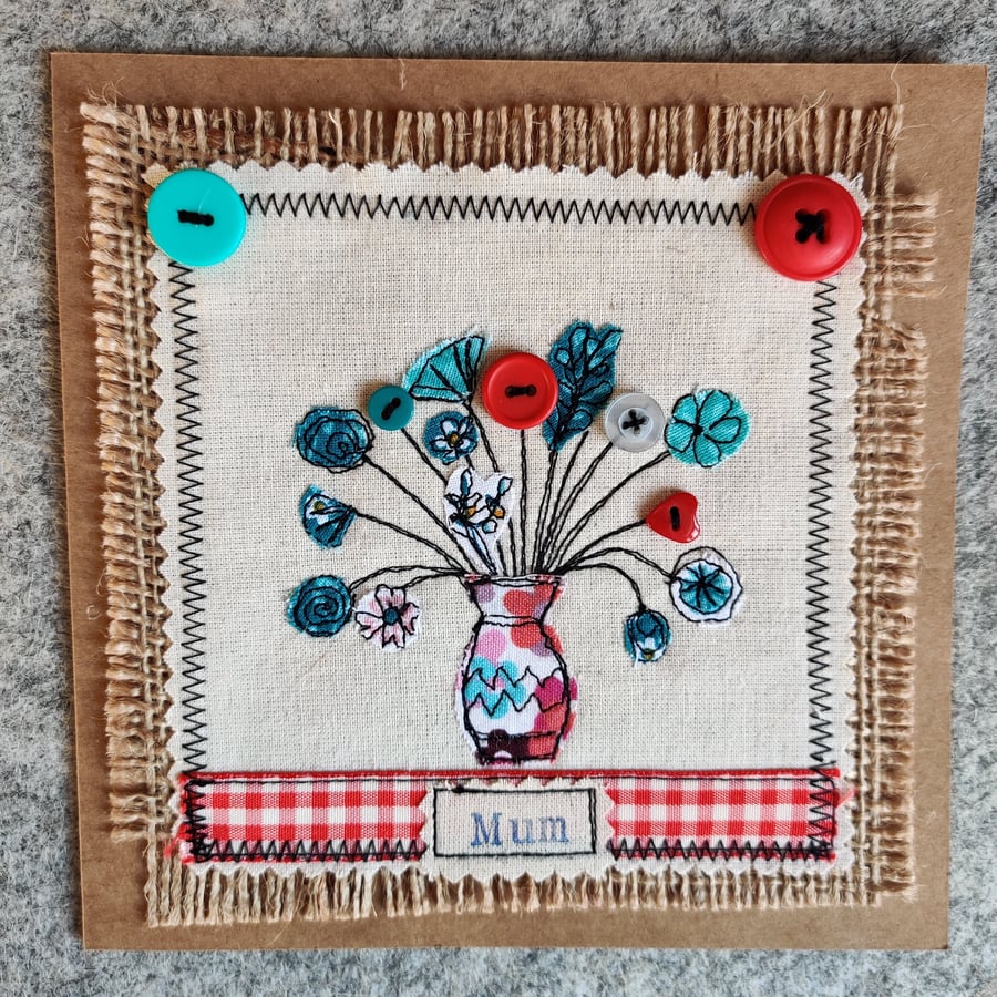 Handmade, fabric, free motion machine embroidery Mother's Day cards  
