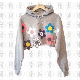 Jerzees Grey Daisy Flower Patch Rework Upcycle Cropped Hoodie