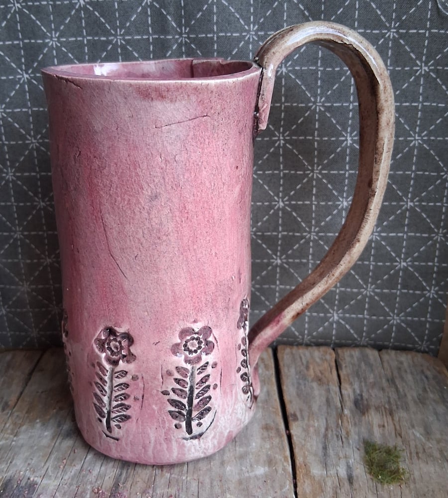 folk art tall linocut coffee mug ceramic pottery tea cup, stoneware handmade mug
