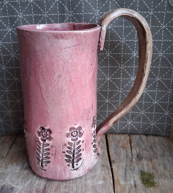 folk art tall linocut coffee mug ceramic pottery tea cup, stoneware handmade mug