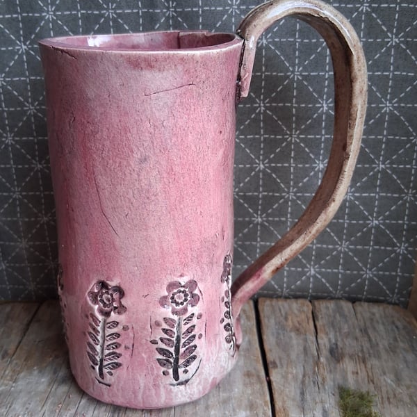 folk art tall linocut coffee mug ceramic pottery tea cup, stoneware handmade mug