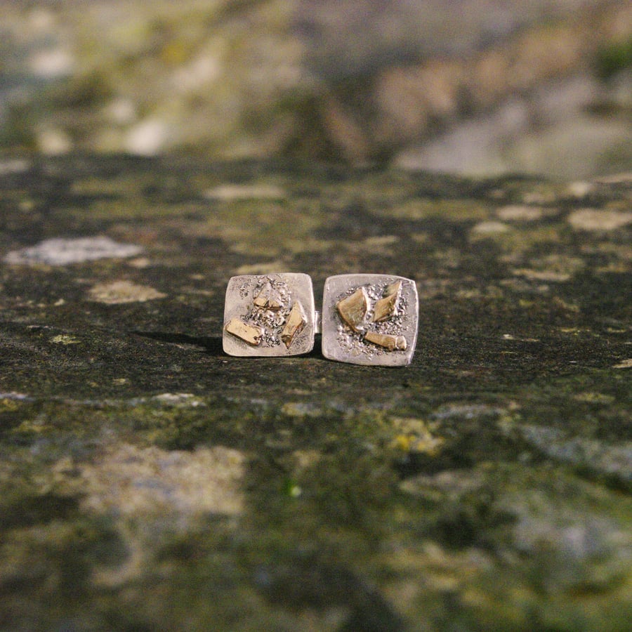 Silver and Gold Textured Rectangular  Stud Earrings