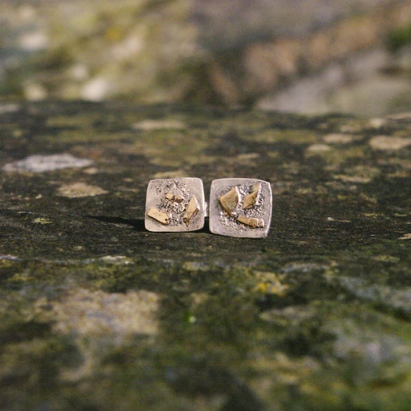 Silver and Gold Textured Rectangular Stud Earr... - Folksy