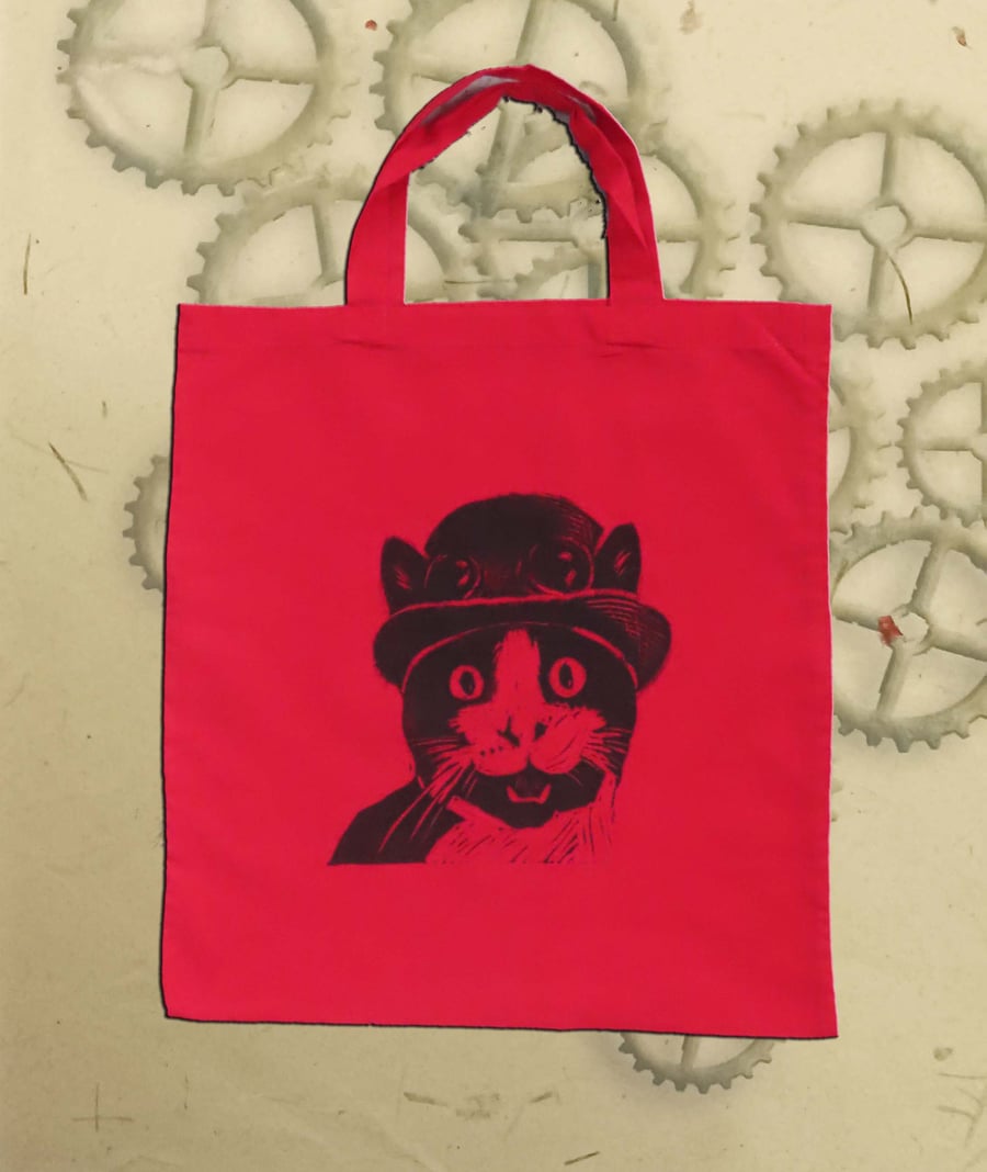 Steampunk Cat Tote Bag Animal Linocut Hand Printed Red Shopping Bag