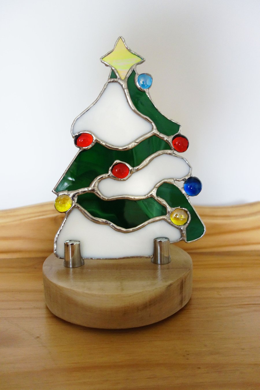 Stained Glass  Festive Christmas Tree on Solid Tulip Wood.  Christmas Table Dec.