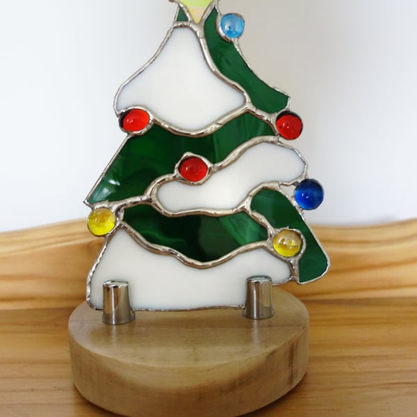 Stained Glass  Festive Christmas Tree on Solid Tulip Wood.  Christmas Table Dec.