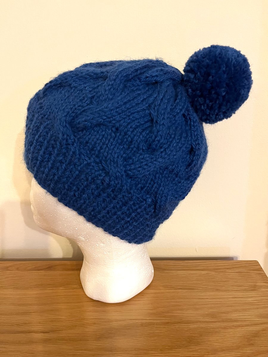 Electric blue pure wool unisex ,chunky, cable knit beanie with Pom-pom 