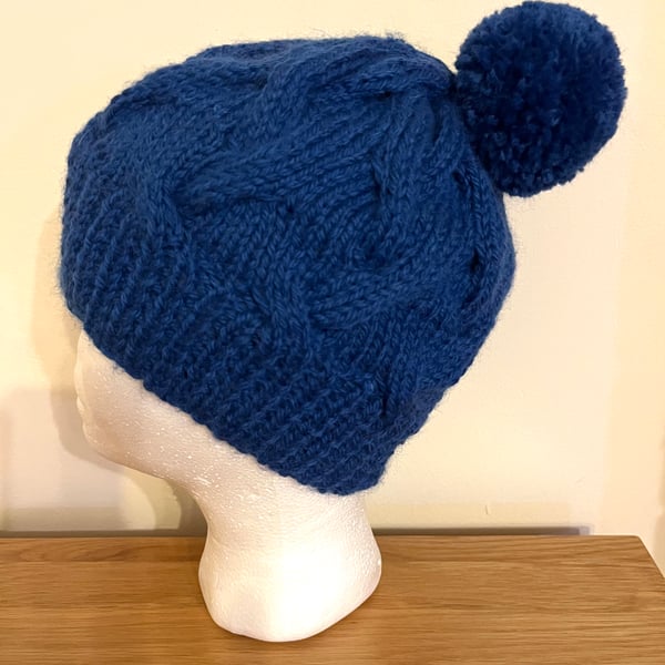 Electric blue pure wool unisex ,chunky, cable knit beanie with Pom-pom 