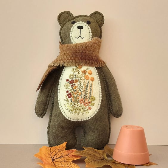 Scandi style Woodland teddy bear, hand embroidered one of a kind bear