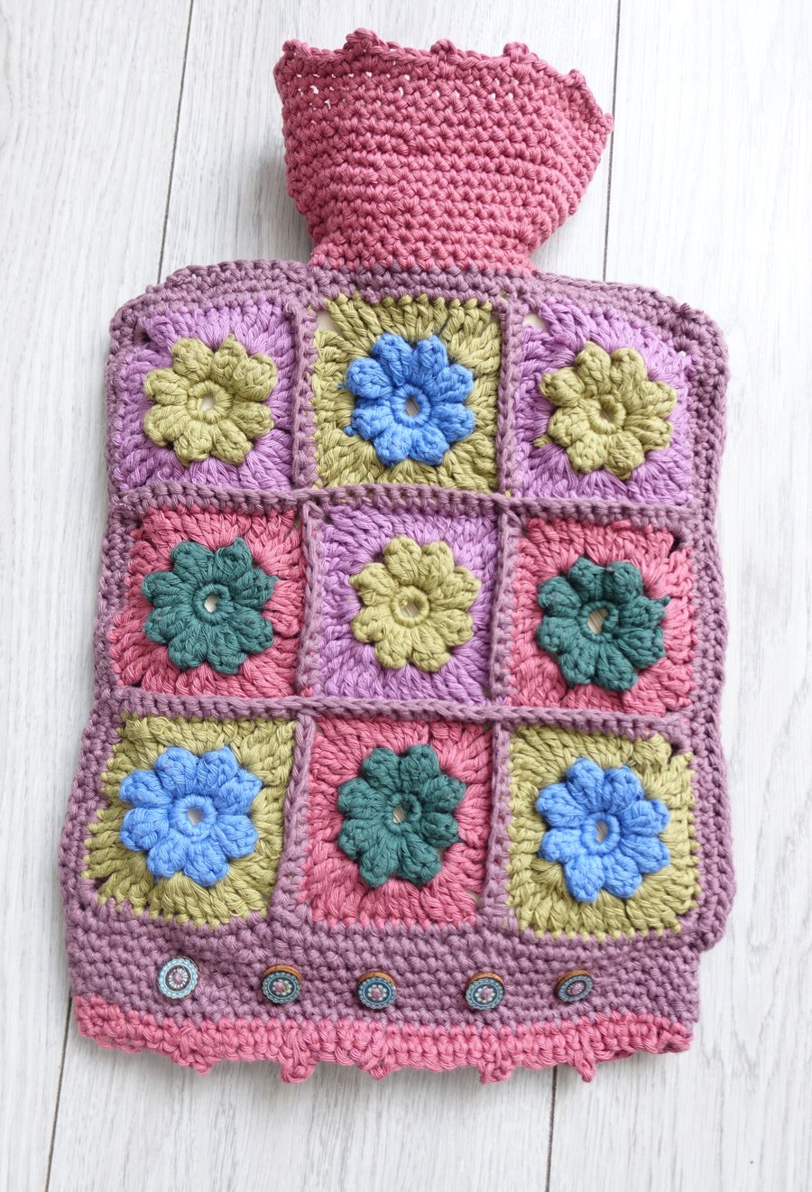 Hot Water Bottle Cover Hand Crochet Patchwork Super Soft Cotton 