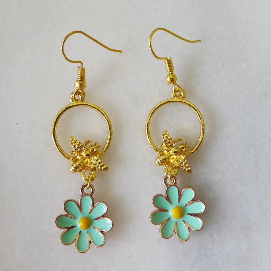 Bee and Turquoise Coloured Flower Earrings with Gold Plated Ear Wires