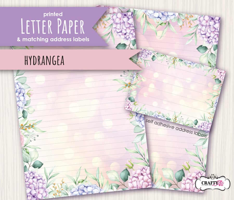 Letter Writing Paper Pretty Hydrangea flowers with self adhesive address labels