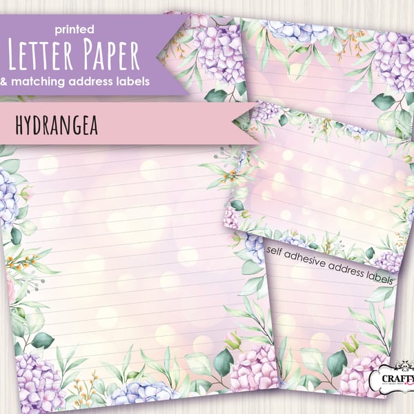 Letter Writing Paper Pretty Hydrangea flowers with self adhesive address labels