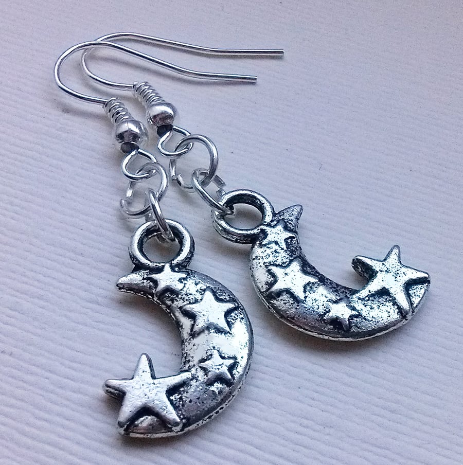 Star Moon Silver Plate Drop Dangl Charm Earrings