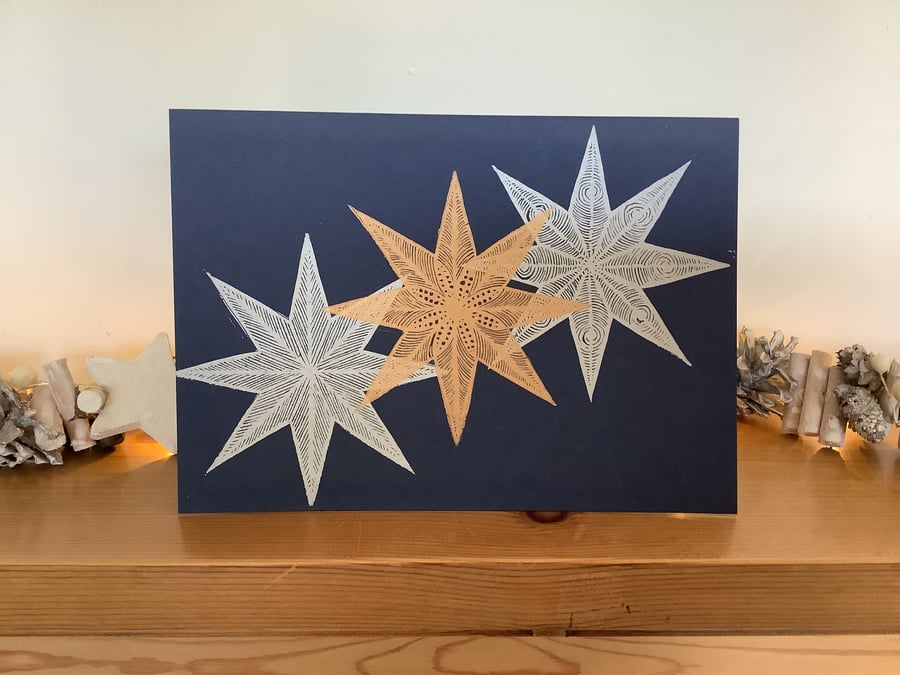 Star Christmas Card - Handprinted Linocut 