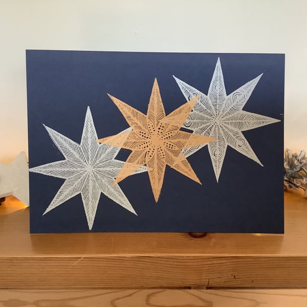 Star Christmas Card - Handprinted Linocut 