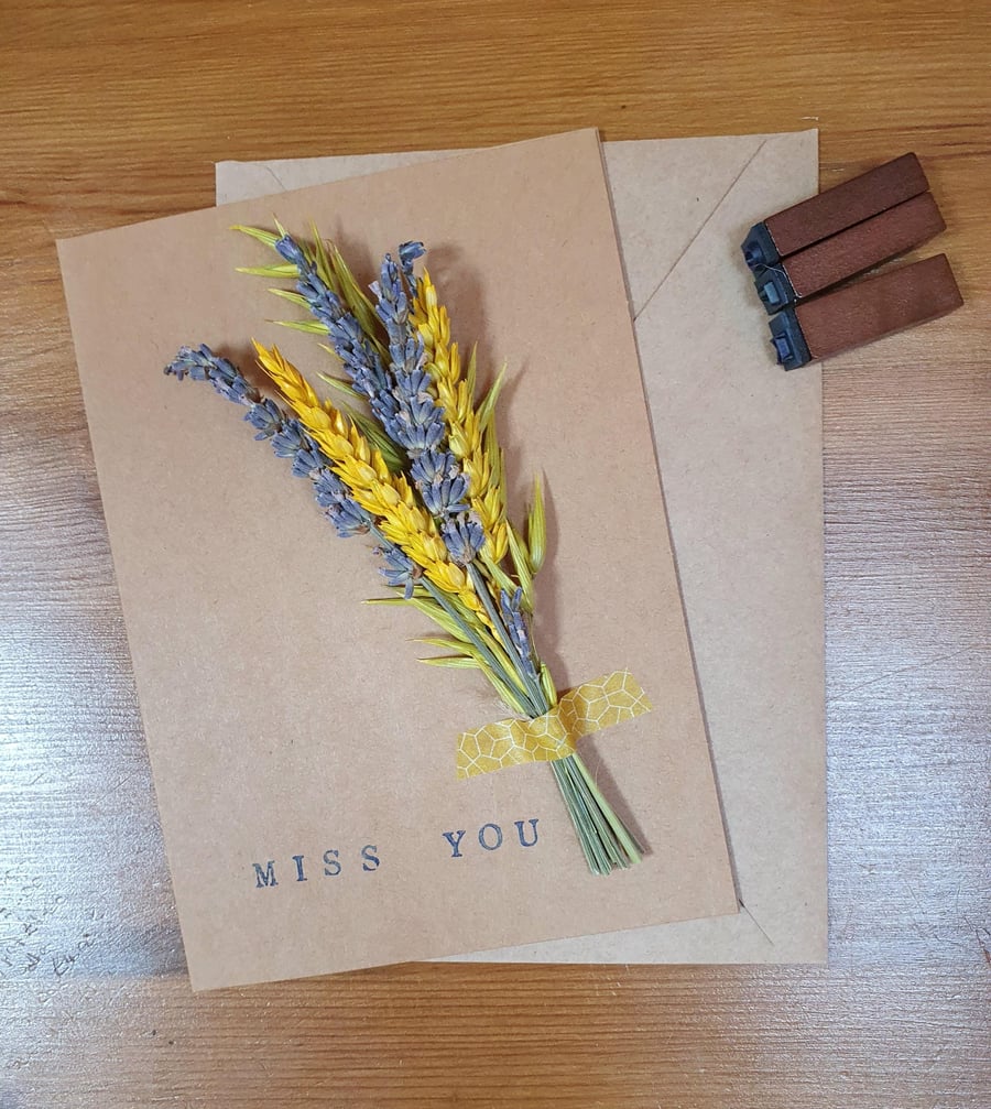 Dried Flower Greeting Card. Miss You Card. Handmade - Lavender and Yellow