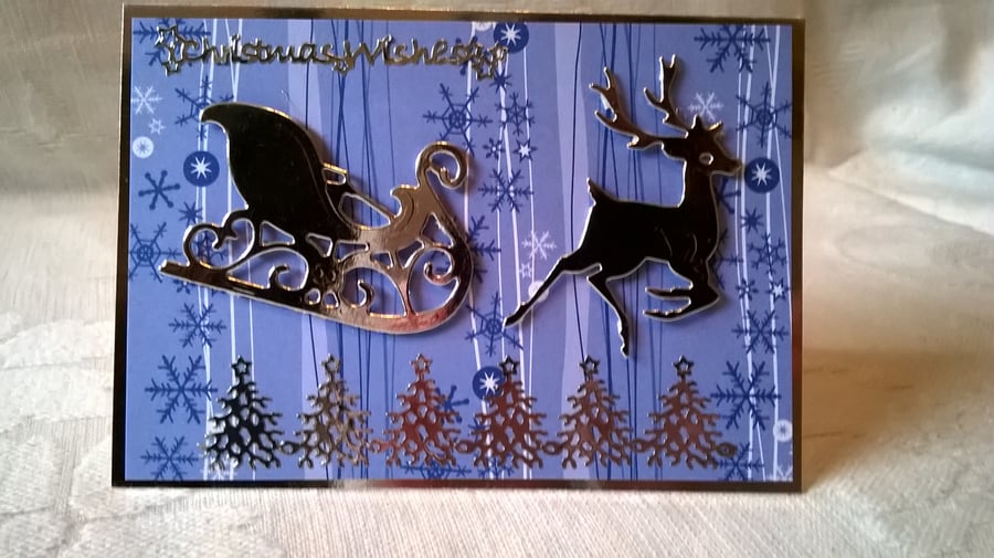 Christmas reindeer with sled card - silver