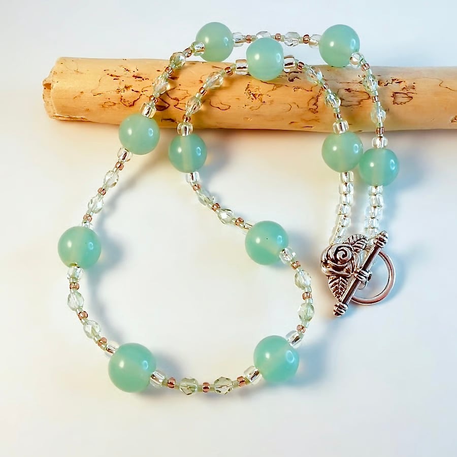 Light Teal Glass Beaded Necklace - Handmade Gift, Anniversary, Birthday, Wedding
