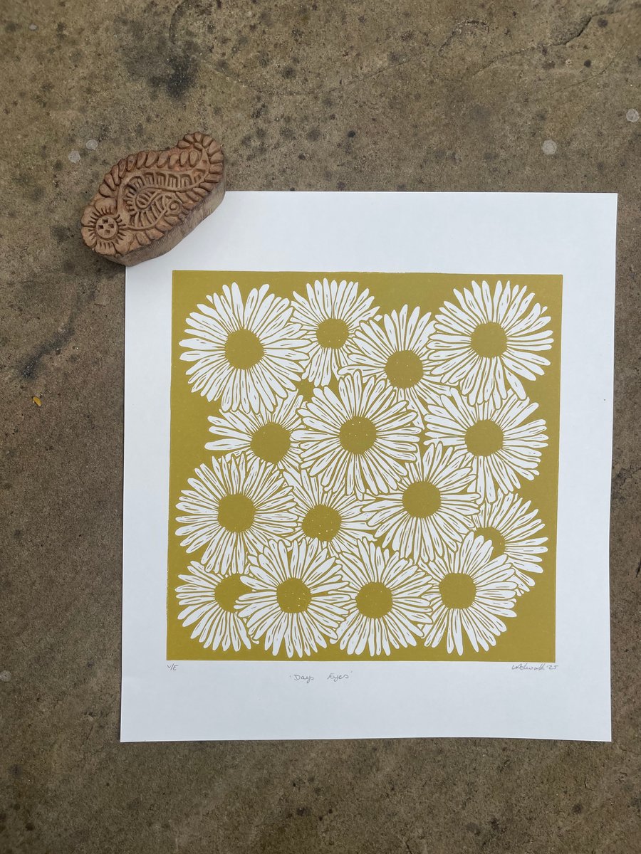 Days Eyes - Original Lino Print Mustard Yellow