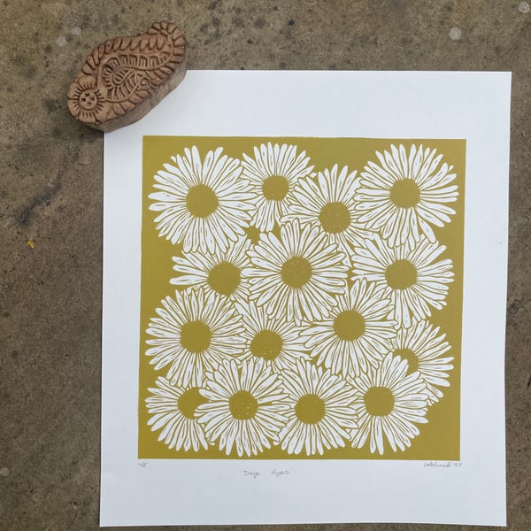 Days Eyes - Original Lino Print Mustard Yellow