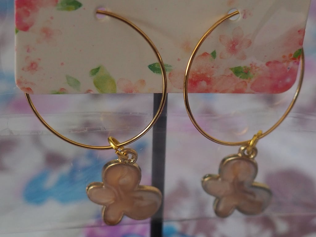 Large Gold Hoop Earrings with Pale Pink Butterfly Charms