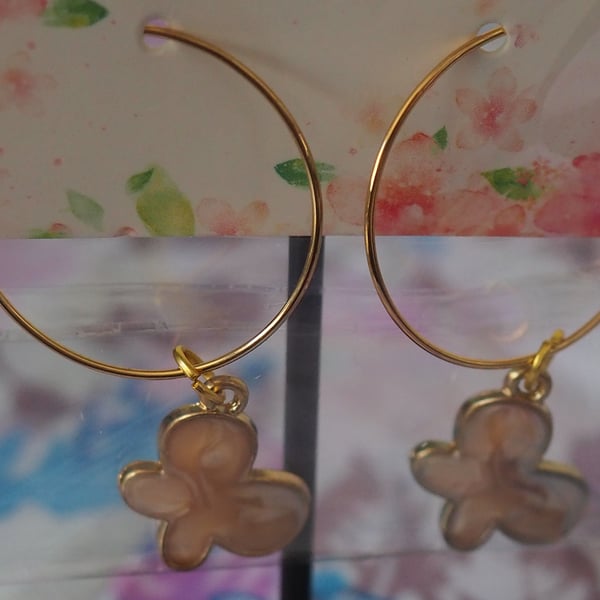 Large Gold Hoop Earrings with Pale Pink Butterfly Charms