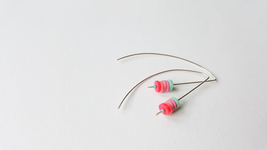 Pastel Blue and Pink Long Wire Earrings, Contemporary Jewellery