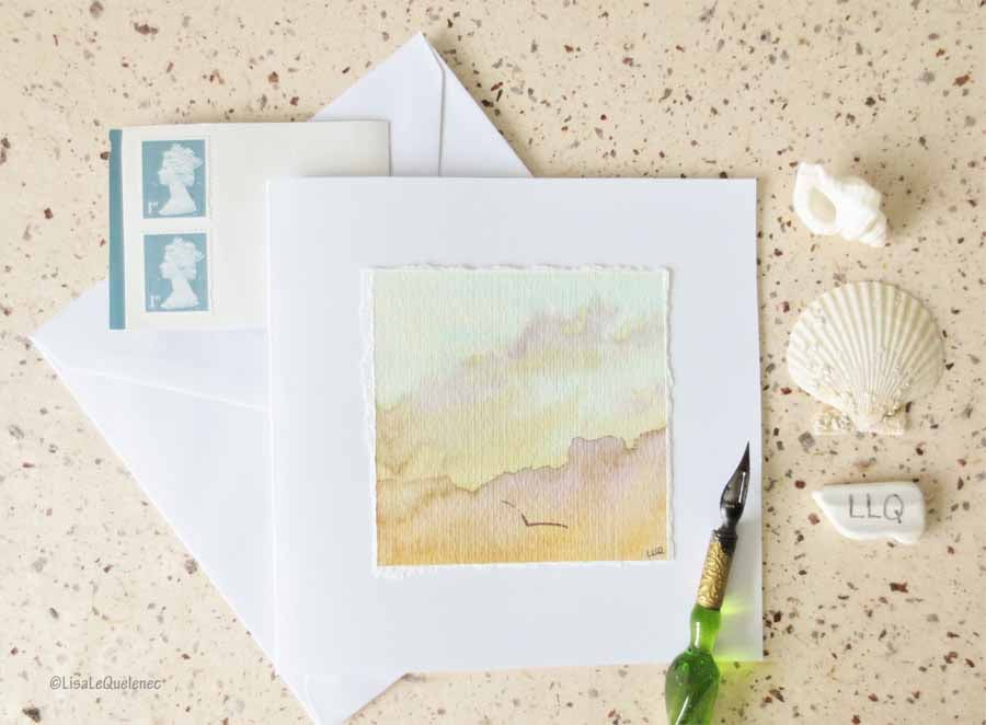 watercolour art card handpainted greeting card sunset and gull