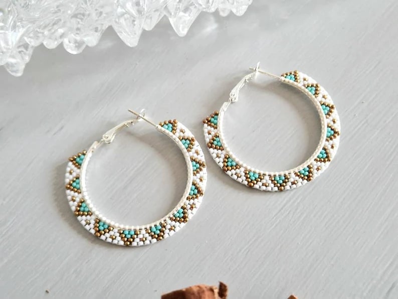 White Native Beaded Hoop Earrings 