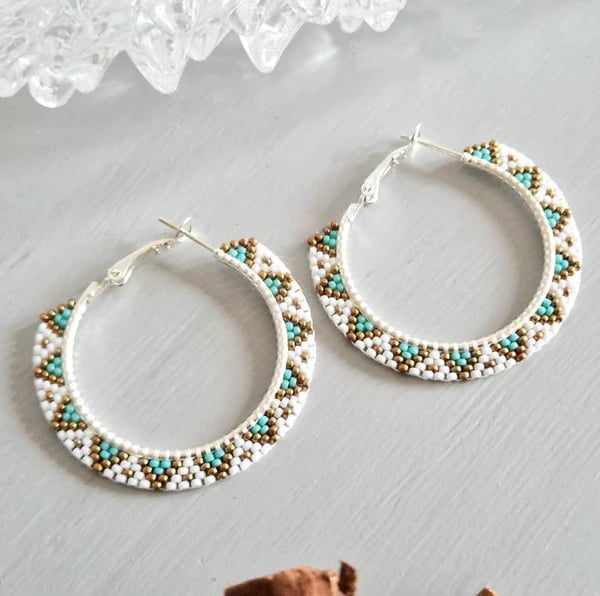 White Native Beaded Hoop Earrings 